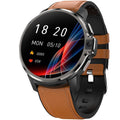 Smartwatch with large screen, leather strap, displaying time and health stats, featuring camera and magnetic charging.